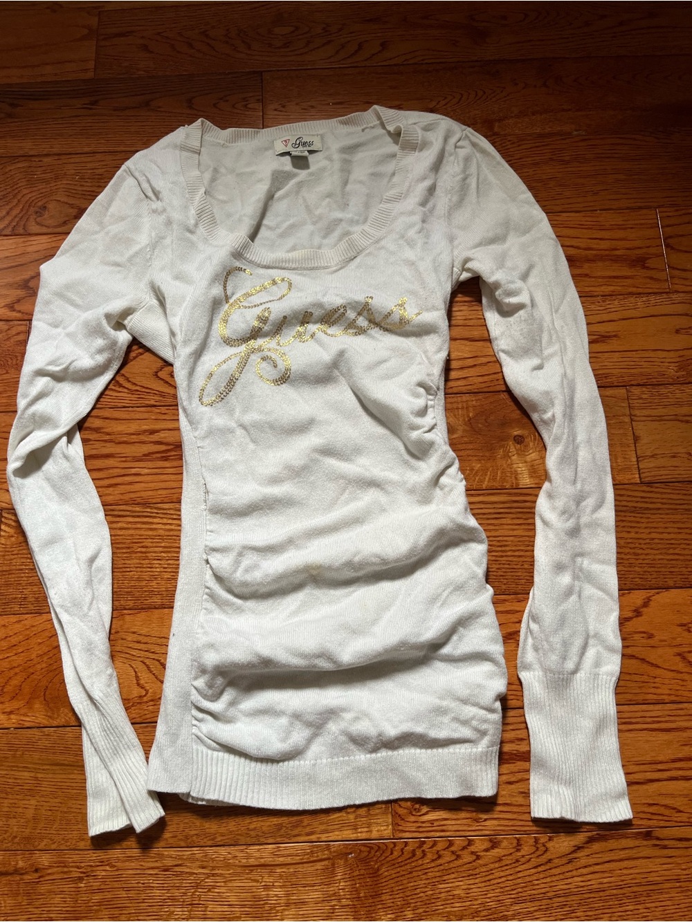 Guess White Long-Sleeve Scoop Neck Top with Gold Script Logo